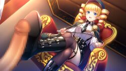 Rule 34 | 1boy, 1girl, baseson, blonde hair, blue eyes, blush, breasts, brown thighhighs, drill hair, footjob, from below, hetero, high heels, highres, indoors, koihime musou, looking at viewer, military uniform, open mouth, riding crop, sitting, small breasts, sousou (koihime musou), thighhighs, uniform