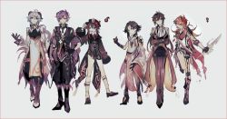 Rule 34 | 3boys, 3girls, ahoge, aqua hair, arm tattoo, armor, asymmetrical clothes, ayano (katou), bead necklace, beads, black gloves, black hair, boots, breasts, brown hair, closed mouth, crossed arms, detached sleeves, earrings, facial mark, flower, forehead mark, ganyu (genshin impact), genderswap, genderswap (ftm), genderswap (mtf), genshin impact, gloves, grey background, hair between eyes, hair ornament, hand on own hip, hat, hat flower, holding, holding weapon, hu tao (genshin impact), jewelry, keqing (genshin impact), leg up, long hair, long sleeves, mars symbol, mask, mask on head, miniskirt, multiple boys, multiple girls, necklace, open mouth, orange hair, pantyhose, plum blossoms, ponytail, purple hair, red hair, red scarf, scarf, sidelocks, simple background, single earring, skirt, standing, tartaglia (genshin impact), tassel, tattoo, venus symbol, weapon, xiao (genshin impact), zhongli (genshin impact)
