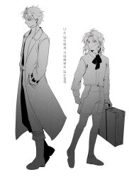 Rule 34 | boots, closed mouth, collared shirt, commentary request, earrings, film grain, greyscale, hatsutori hajime, height difference, highres, holding, holding suitcase, jewelry, korean commentary, korean text, long sleeves, male focus, medium hair, monochrome, neck ribbon, pants, parted bangs, red eyes, ribbon, saibou shinkyoku, shirt, short hair, shorts, simple background, socks, spot color, suitcase, sweater, temu (temp mumu), theodore riddle, translation request, turtleneck, turtleneck sweater, white background