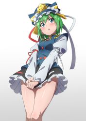 Rule 34 | 1girl, bare legs, black skirt, blue eyes, blue hat, blue vest, blush, breasts, buttons, covering crotch, covering privates, feet out of frame, frilled hat, frilled skirt, frills, green hair, gyouza (mhea5724), hat, highres, knees, legs, long sleeves, looking at viewer, open mouth, shiki eiki, shirt, short hair, skirt, skirt tug, small breasts, solo, thighs, touhou, vest, white shirt