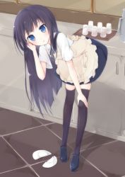 Rule 34 | 1girl, :o, adjusting hair, apron, bad id, bad pixiv id, black hair, black thighhighs, blue eyes, blush, broken, broken plate, chm (macharge), hand on own knee, head tilt, leaning forward, long hair, looking at viewer, plate, solo, thighhighs, waitress, working!!, yamada aoi