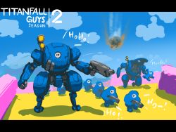 Rule 34 | 6+others, black eyes, bottoms1237, copyright name, crossover, fall guy, fall guys, falling, gun, highres, holding, holding gun, holding weapon, letterboxed, mecha, multiple others, no humans, pun, robot, titanfall, titanfall (series), titanfall 2, walking, weapon