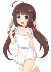 Rule 34 | 10s, 1girl, :d, absurdres, ahoge, apron, bare arms, bare shoulders, blue eyes, blush, breasts, brown hair, collarbone, commentary request, hank (spider921), highres, hinatsuru ai, holding, holding knife, knife, long hair, looking at viewer, low twintails, naked apron, open mouth, ryuuou no oshigoto!, sidelocks, simple background, small breasts, smile, solo, standing, standing on one leg, twintails, very long hair, white background