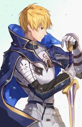 Rule 34 | 1boy, armor, armored dress, arthur pendragon (fate), blonde hair, blue cape, blue dress, breastplate, cape, dress, excalibur (fate/stay night), excalibur (fate/prototype), fantasy-fucker, fate/grand order, fate/prototype, fate (series), faulds, gauntlets, greaves, green eyes, hair between eyes, highres, holding, holding sword, holding weapon, looking to the side, male focus, pauldrons, short hair, shoulder armor, simple background, solo, sword, weapon, white background