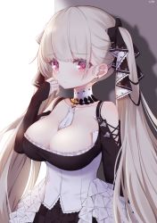 Rule 34 | 1girl, azur lane, backlighting, bare shoulders, between breasts, black bow, black dress, blush, bow, breasts, cleavage, closed mouth, clothing cutout, collarbone, commentary request, dress, earrings, formidable (azur lane), frilled dress, frills, grey hair, hair bow, hand up, highres, jewelry, kokone (coconeeeco), large breasts, long hair, long sleeves, looking at viewer, red eyes, shoulder cutout, signature, sleeves past wrists, solo, stud earrings, twintails, very long hair