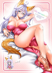 Rule 34 | 1girl, aged up, ahoge, animal ears, arm support, arm up, back cover, bare legs, blue eyes, bracelet, breast envy, breasts, breasts apart, cover, covered erect nipples, curvy, elin, high heels, imagining, jewelry, large breasts, legs, light purple hair, looking at viewer, mojarin (kihara mojarin), shoes, sitting, smile, solo, tail, tera online