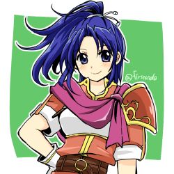 Rule 34 | 1girl, armor, blue eyes, blue hair, fire emblem, fire emblem: new mystery of the emblem, gloves, green background, hair ribbon, hand on own hip, kris (fire emblem), long hair, looking at viewer, nintendo, ponytail, ribbon, short sleeves, shoulder armor, simple background, smile, solo, twitter username, upper body, white gloves, yukia (firstaid0)