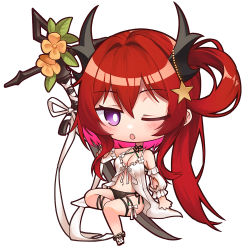 Rule 34 | 1girl, ;o, arknights, bare shoulders, bikini, black bikini, blush, breasts, brown flower, chain, chibi, cleavage, commentary request, detached sleeves, full body, hair between eyes, horns, long hair, long sleeves, looking at viewer, medium breasts, multicolored hair, navel, one eye closed, parted lips, pink hair, puffy long sleeves, puffy sleeves, purple eyes, red hair, simple background, solo, star (symbol), surtr (arknights), surtr (colorful wonderland) (arknights), swimsuit, two-tone hair, very long hair, white background, white sleeves, z.m. (zimin)