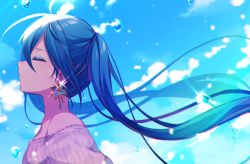 Rule 34 | 1girl, ahoge, blue hair, blue sky, blurry, blurry foreground, camisole, closed eyes, cloud, cloudy sky, commentary, day, depth of field, dress, earrings, english commentary, eyeshadow, from side, hatsune miku, hazakura chikori, highres, jewelry, light rays, long hair, makeup, outdoors, sky, solo, strapless, strapless dress, sunlight, twintails, very long hair, vocaloid, water drop