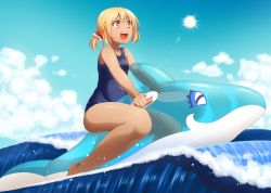 Rule 34 | 1girl, barefoot, blonde hair, cloud, covered navel, day, hair ribbon, one-piece swimsuit, open mouth, ponytail, red eyes, ribbon, rumia, school swimsuit, shirane koitsu, short hair, smile, solo, sun, surfing, swimsuit, tan, touhou, water, waves, waving