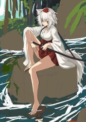Rule 34 | 1girl, animal ears, bare legs, breasts, commentary request, facial mark, feet, forest, full body, geta, hair between eyes, hat, inubashiri momiji, iwashi (nisankatanso), large breasts, legs, long sleeves, looking at viewer, nature, outdoors, red eyes, red skirt, short hair, sitting, skirt, solo, stream, sword, tail, toes, tokin hat, touhou, tree, water, weapon, white hair, wide sleeves, wolf ears, wolf tail