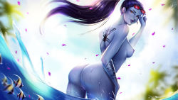 Rule 34 | 1girl, ass, back, back tattoo, breasts, colored skin, earrings, eyewear on head, fish, from behind, high ponytail, highres, jewelry, lipstick, long hair, looking at viewer, makeup, nail polish, nipples, nude, ocean, olchas, overwatch, overwatch 1, ponytail, purple lips, purple skin, pussy, solo, stud earrings, sunglasses, tattoo, uncensored, watermark, wet, widowmaker (overwatch)