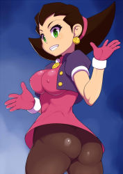 Rule 34 | 1girl, artist request, ass, black hair, blush, breasts, capcom, covered erect nipples, earrings, from behind, gloves, green eyes, grin, hairband, jewelry, medium breasts, mega man (series), mega man legends (series), pantyhose, shiny clothes, smile, solo, tron bonne (mega man)