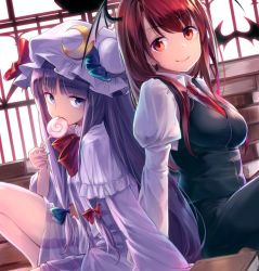 Rule 34 | 2girls, arm support, black skirt, black vest, blue bow, book, bow, breasts, candy, capelet, commentary request, demon wings, dress, female focus, food, frilled capelet, frills, hand up, hat, hat bow, head wings, holding, holding food, indoors, juliet sleeves, knee up, koakuma, lollipop, long hair, long sleeves, looking at viewer, medium breasts, mob cap, multiple girls, necktie, oborofu, patchouli knowledge, puffy sleeves, purple capelet, purple dress, purple eyes, purple hair, purple headwear, red bow, red eyes, red hair, red neckwear, shirt, short dress, sitting, skirt, skirt set, thighs, touhou, very long hair, vest, white shirt, wings