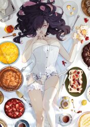 Rule 34 | 1girl, az (wakana), berry, black hair, bow, breasts, bridal garter, cake, cake slicer, chocolate cake, choker, colored inner hair, corset, crumbs, cup, drink, eyelashes, eyeshadow, feet out of frame, fig, finger sucking, fingernails, food, food on face, fork, from above, fruit, hair over one eye, hair spread out, highres, holding, holding food, honey, honeypot, lace, lace panties, large breasts, lemon, lemon slice, lingerie, lipstick, long hair, looking at viewer, lying, makeup, multi-strapped panties, multicolored hair, on back, on table, one eye covered, original, panties, pie, pink hair, purple hair, red lips, saucer, single thighhigh, solo, spoon, strap, strawberry, streaked hair, sugar cube, table, tart (food), tea, teacup, teapot, thighhighs, tray, two-tone hair, underwear, underwear only, white bow, white panties, white thighhighs