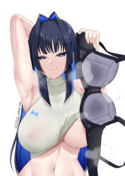 Rule 34 | 1girl, absurdres, amai-pai, areola slip, arm up, armpits, black bra, black hair, blue eyes, blue hair, bra, breasts, clothes lift, colored inner hair, commentary request, hair intakes, highres, holding, holding bra, holding clothes, holding underwear, hololive, hololive english, large breasts, looking at viewer, multicolored hair, naughty face, ouro kronii, presenting, presenting armpit, see-through, see-through shirt, shirt, shirt lift, simple background, sleeveless, sleeveless shirt, solo, steam, sweat, two-tone hair, underwear, virtual youtuber, white background, white shirt