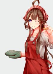 Rule 34 | 10s, 1girl, alternate costume, apron, brown hair, cookie, food, headdress, kantai collection, kongou (kancolle), konkito, long hair, looking at viewer, one eye closed, smile, solo, sweater