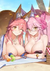 Rule 34 | 2girls, ;), absurdres, animal ear fluff, animal ears, bangle, beach, beach mat, bikini, blush, bottle, bow, bracelet, breasts, cleavage, commentary request, day, duan henglong, fate/grand order, fate (series), fox ears, fox girl, fox tail, glasses, hair bow, hair ribbon, highres, holding, holding bottle, jewelry, koyanskaya (fate), large breasts, long hair, looking at viewer, lotion, lying, multiple girls, on stomach, one eye closed, outdoors, pink hair, ribbon, sand, smile, swimsuit, tail, take your pick, tamamo (fate), tamamo no mae (fate/extra), tamamo no mae (swimsuit lancer) (fate), untied bikini, very long hair, yellow eyes