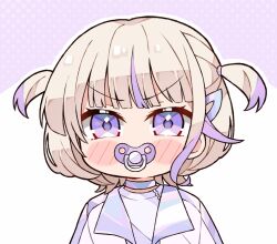 Rule 34 | 1girl, blonde hair, blush stickers, choker, hair ornament, highres, hololive, hololive dev is, jacket, kukie-nyan, looking at viewer, multicolored hair, pacifier, purple choker, purple eyes, purple hair, purple jacket, shirt, short hair, sidelocks, solo, streaked hair, t-shirt, todoroki hajime, two side up, upper body, virtual youtuber, white shirt