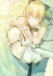 Rule 34 | 1girl, arm up, artoria pendragon (all), artoria pendragon (fate), black bow, blonde hair, blue eyes, bow, closed mouth, dress, fate/stay night, fate/unlimited codes, fate (series), from above, gloves, hair between eyes, hair bow, long hair, looking at viewer, looking up, ponytail, saber lily, saijou haruki, sidelocks, solo, white dress, white gloves