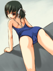 Rule 34 | 1girl, :d, ass, back, bent over, black hair, bosshi, cameltoe, competition school swimsuit, flat chest, from behind, hair ribbon, highres, looking back, one-piece swimsuit, open mouth, original, red eyes, ribbon, school swimsuit, short hair, short twintails, smile, solo, swimsuit, thighs, twintails, yu (bosshi)