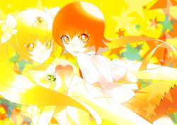 Rule 34 | 10s, 1girl, alternate costume, blonde hair, brooch, brown hair, cure sunshine, cure sunshine (super silhouette), dual persona, heart, heart brooch, heartcatch precure!, holding hands, jewelry, koto (kotocotton), magical girl, myoudouin itsuki, pleated skirt, precure, short hair, skirt, star (symbol), twintails, yellow eyes, yellow theme