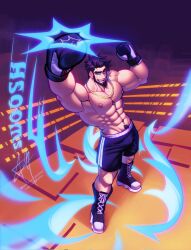 Rule 34 | 1boy, bara, beard, biceps, black hair, boxing gloves, commission, danny (felixnosi), energy, eyebrow cut, facial hair, filia (bananafilia), flexing, from above, full beard, full body, grin, groin, highres, jewelry, large pectorals, male focus, mature male, muscular, muscular male, necklace, obliques, original, pectorals, short hair, smile, solo, sparse chest hair, standing, thick eyebrows, thick navel hair, wrestler, wrestling outfit, wrestling ring