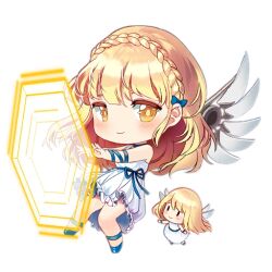 Rule 34 | 2girls, arm ribbon, artist request, barrier fairy (girls&#039; frontline), blonde hair, blue bow, blue choker, blue footwear, blue ribbon, blush, blush stickers, bow, braid, chibi, choker, closed mouth, crown braid, dress, energy barrier, energy shield, fairy (girls&#039; frontline), frilled dress, frills, full body, girls&#039; frontline, hair bow, hexagon, long hair, looking at viewer, mechanical wings, multiple girls, official art, ribbon, simple background, sleeveless, sleeveless dress, smile, third-party source, transparent background, waist ribbon, white dress, wings, yellow eyes, | |