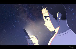 Rule 34 | 1boy, brown eyes, brown hair, cellphone, commentary request, fai (fai-storage), from side, half-closed eyes, hand up, highres, holding, holding phone, letterboxed, looking at phone, night, night sky, original, phone, sad, screen light, shirt, short hair, sideburns, signature, sky, smartphone, solo, star (sky), starry sky, upper body, white shirt