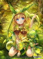 Rule 34 | &gt;o&lt;, 1girl, blonde hair, blue eyes, copyright name, force of will, grass, hat, leaf, long hair, official art, pisuke, pointy ears, sitting, solo, tree