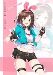 Rule 34 | 1girl, :d, aogiri illust558, aqua eyes, aqua jacket, asymmetrical clothes, belt, black belt, black choker, black gloves, black shorts, blush, bob cut, breasts, brown hair, character name, choker, cleavage, collarbone, commentary request, contrapposto, cowboy shot, crop top, cropped jacket, double v, fingerless gloves, gloves, hairband, hands up, happy birthday, headphones, headphones around neck, heart o-ring, highres, holster, hood, hood down, hooded jacket, jacket, kizuna ai, kizuna ai (a.i. games), kizuna ai inc., lace, lace-trimmed shirt, lace trim, looking at viewer, loose belt, micro shorts, multicolored hair, navel, official alternate costume, open clothes, open jacket, open mouth, parted bangs, pink hair, pink hairband, shirt, short hair, short shorts, short sleeves, shorts, small breasts, smile, solo, standing, stomach, strapless, streaked hair, studded belt, thigh gap, thigh holster, thigh strap, tube top, two-tone hair, v, virtual youtuber, white shirt, wide hips, zoom layer
