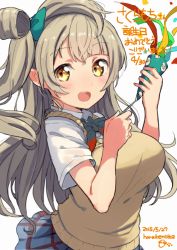 Rule 34 | 10s, 1girl, 2015, :d, artist name, bow, breasts, brown eyes, brown hair, confetti, dated, female focus, hair bow, happy birthday, haruken, large breasts, long hair, looking at viewer, love live!, love live! school idol project, minami kotori, open mouth, party popper, school uniform, side ponytail, signature, simple background, smile, solo, sweater vest