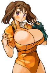 Rule 34 | 10s, 1girl, :&lt;, blush, breasts, brown hair, bursting breasts, cleavage, collarbone, diane (nanatsu no taizai), fingerless gloves, gloves, huge breasts, leotard, long hair, nanatsu no taizai, popped collar, puffy short sleeves, puffy sleeves, purple eyes, sachito, short sleeves, simple background, single glove, solo, twintails, white background