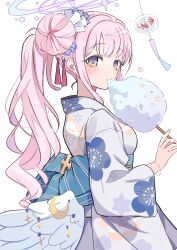 Rule 34 | 1girl, absurdres, alternate costume, blue archive, commentary request, cotton candy, cowboy shot, double bun, eating, feathered wings, floral print, flower, food, hair bun, hair flower, hair ornament, halo, hand up, highres, holding, holding food, japanese clothes, kimono, long hair, looking at viewer, low wings, mika (blue archive), mini wings, obi, pink hair, pink halo, ponytail, print kimono, sash, sidelocks, simple background, solo, utakapen, white background, white kimono, white wings, wings, yellow eyes