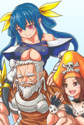 Rule 34 | 1boy, 2girls, :d, arc system works, bare shoulders, beard, black gloves, blue hair, blush, bow, breast rest, breasts, breasts on head, brown eyes, brown hair, dizzy (guilty gear), facial hair, fingerless gloves, gloves, guilty gear, hat, kliff undersn, long hair, may (guilty gear), medium breasts, mitsu (komainumilk), multiple girls, open mouth, orange hat, pirate hat, red eyes, ribbon, short hair, silver hair, sketch, skull and crossbones, smile, tail, tail ornament, tail ribbon, twintails, underboob, yellow bow