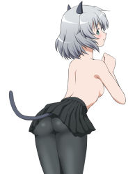 Rule 34 | 1girl, animal ears, ass, black pantyhose, black skirt, blush, breasts, cat ears, cat tail, green eyes, grey hair, hiro yoshinaka, looking at viewer, looking back, microskirt, no bra, pantyhose, pleated skirt, sanya v. litvyak, short hair, simple background, skirt, small breasts, solo, strike witches, tail, topless, white background, world witches series