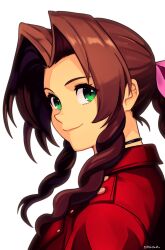 Rule 34 | 1girl, absurdres, aerith gainsborough, artist name, black choker, braid, braided ponytail, brown hair, choker, closed mouth, curly sidelocks, final fantasy, final fantasy vii, final fantasy vii rebirth, final fantasy vii remake, green eyes, highres, jacket, long hair, looking at viewer, parted bangs, red jacket, ribbon choker, sidelocks, single braid, smgold, smile, solo, upper body, white background