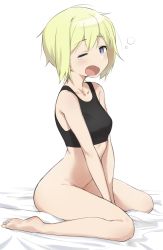 Rule 34 | 1girl, absurdres, bare shoulders, barefoot, black tank top, blonde hair, blue eyes, blush, bottomless, breasts, collarbone, erica hartmann, female focus, full body, highres, looking at viewer, no panties, open mouth, saliva, short hair, simple background, small breasts, solo, strike witches, tank top, tears, waking up, white background, world witches series, yawning