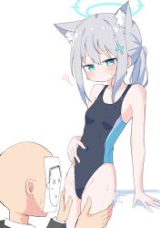 Rule 34 | 1boy, 1girl, ?, animal ear fluff, animal ears, black one-piece swimsuit, blue archive, blue eyes, breasts, competition swimsuit, covered navel, cowboy shot, cross hair ornament, doodle sensei (blue archive), extra ears, grey hair, hair ornament, halo, highres, low ponytail, medium hair, mismatched pupils, multicolored clothes, multicolored swimsuit, munakyomu, one-piece swimsuit, sensei (blue archive), shiroko (blue archive), shiroko (swimsuit) (blue archive), simple background, small breasts, swimsuit, white background, wolf ears