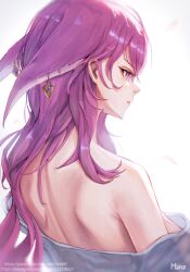 Rule 34 | 1girl, absurdres, animal ears, bare back, bare shoulders, commentary request, fox ears, genshin impact, highres, long hair, minz (minh nguyen), off shoulder, pink hair, purple eyes, solo, upper body, yae miko