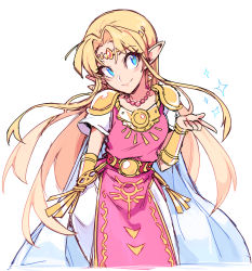 Rule 34 | 1girl, artist request, blonde hair, blue eyes, blush, breasts, circlet, dress, earrings, hair ornament, jewelry, long hair, looking at viewer, nintendo, pointy ears, princess zelda, simple background, smile, solo, super smash bros., the legend of zelda, the legend of zelda: a link between worlds