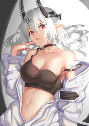 Rule 34 | 1girl, absurdres, arknights, bare shoulders, black choker, breasts, choker, cleavage, collarbone, grey hair, hair between eyes, hair in own mouth, head tilt, highres, horns, large breasts, lipstick, long hair, long sleeves, looking at viewer, makeup, mudrock (arknights), navel, off shoulder, open clothes, parted lips, pointy ears, red eyes, red lips, simple background, solo, sports bra, strap slip, upper body, white background, youye (rusk8588)