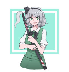 Rule 34 | 1girl, black bow, black bowtie, black hairband, bow, bowtie, commentary, cowboy shot, english commentary, green background, green eyes, green skirt, green vest, hairband, holding, holding weapon, katana, konpaku youmu, looking at viewer, mata (matasoup), open mouth, scabbard, sheath, sheathed, short hair, short sleeves, silver hair, simple background, skirt, skirt set, smile, solo, sword, touhou, vest, weapon, white background
