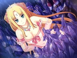 Rule 34 | 1girl, benimura karu, blonde hair, breasts, bunny black, cleavage, crystal, dress, elbow gloves, game cg, gloves, green eyes, hair ornament, hands on own hips, long hair, looking at viewer, torn clothes