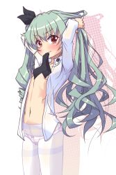 Rule 34 | 10s, 1girl, adjusting hair, anchovy (girls und panzer), blush, bow, bow panties, breasts, crotch seam, dress shirt, dressing, drill hair, girls und panzer, hair ribbon, k10k, long hair, looking at viewer, mouth hold, navel, no bra, open clothes, open shirt, panties, panties under pantyhose, pantyhose, ribbon, shirt, small breasts, solo, striped clothes, striped panties, thighband pantyhose, twintails, tying hair, underwear, white pantyhose