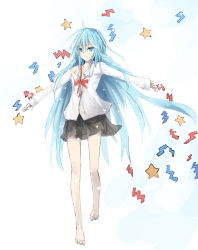 Rule 34 | 10s, 1girl, ahoge, bad id, bad pixiv id, bare legs, barefoot, blue eyes, blue hair, bow, closed mouth, denpa onna to seishun otoko, dress shirt, feet, female focus, full body, gradient background, highres, legs, long hair, matching hair/eyes, miniskirt, off shoulder, outstretched arms, shirt, skirt, smile, solo, spread arms, standing, star (symbol), touwa erio, very long hair, white background, zatsuon