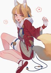 Rule 34 | 1girl, animal ears, blonde hair, brown hair, fingerless gloves, fire emblem, fire emblem fates, fox ears, fox tail, full body, fur trim, gloves, hair ornament, highres, itou (very ito), japanese clothes, long sleeves, multicolored hair, nintendo, open mouth, selkie (fire emblem), short hair, simple background, sitting, solo, streaked hair, tail, white background, white gloves, white legwear, yellow eyes