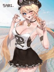 Rule 34 | 1girl, absurdres, artist name, bandaid, bandaid on face, black choker, black dress, black hat, black nails, blonde hair, blue eyes, breasts, character request, choker, claw pose, cleavage, commentary request, day, dress, elsword, hair between eyes, hands up, hat, highres, horizon, korean commentary, large breasts, long hair, looking at viewer, nail polish, one eye closed, open mouth, outdoors, peaked cap, sabi (ghke4333), shirt, short dress, smile, solo, spiked hat, standing, strap slip, strapless, strapless dress, tank top, twintails, very long hair, water, white shirt, white tank top