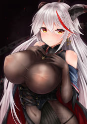 Rule 34 | 1girl, absurdres, aegir (azur lane), azur lane, bare shoulders, black cape, bodystocking, breasts, cape, covered erect nipples, covered navel, cross, cross-laced clothes, cross earrings, demon horns, earrings, hair between eyes, hands on own chest, highres, horns, huge breasts, impossible clothes, jewelry, long hair, looking at viewer, multicolored hair, red hair, ryara, see-through, solo, streaked hair, taut clothes, two-tone hair, underbust, very long hair, white hair, yellow eyes