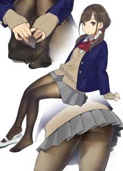 Rule 34 | 1girl, :o, ass, beige cardigan, blazer, blue jacket, blush, breasts, brown eyes, brown hair, brown pantyhose, cardigan, collared shirt, grey skirt, hair ornament, highres, jacket, long hair, looking at viewer, low twintails, multiple views, no shoes, open clothes, open jacket, original, pantyhose, pleated skirt, red neckwear, school uniform, shirt, shoes, unworn shoes, simple background, sitting, skirt, twintails, uwabaki, white footwear, white shirt, yomu (sgt epper)